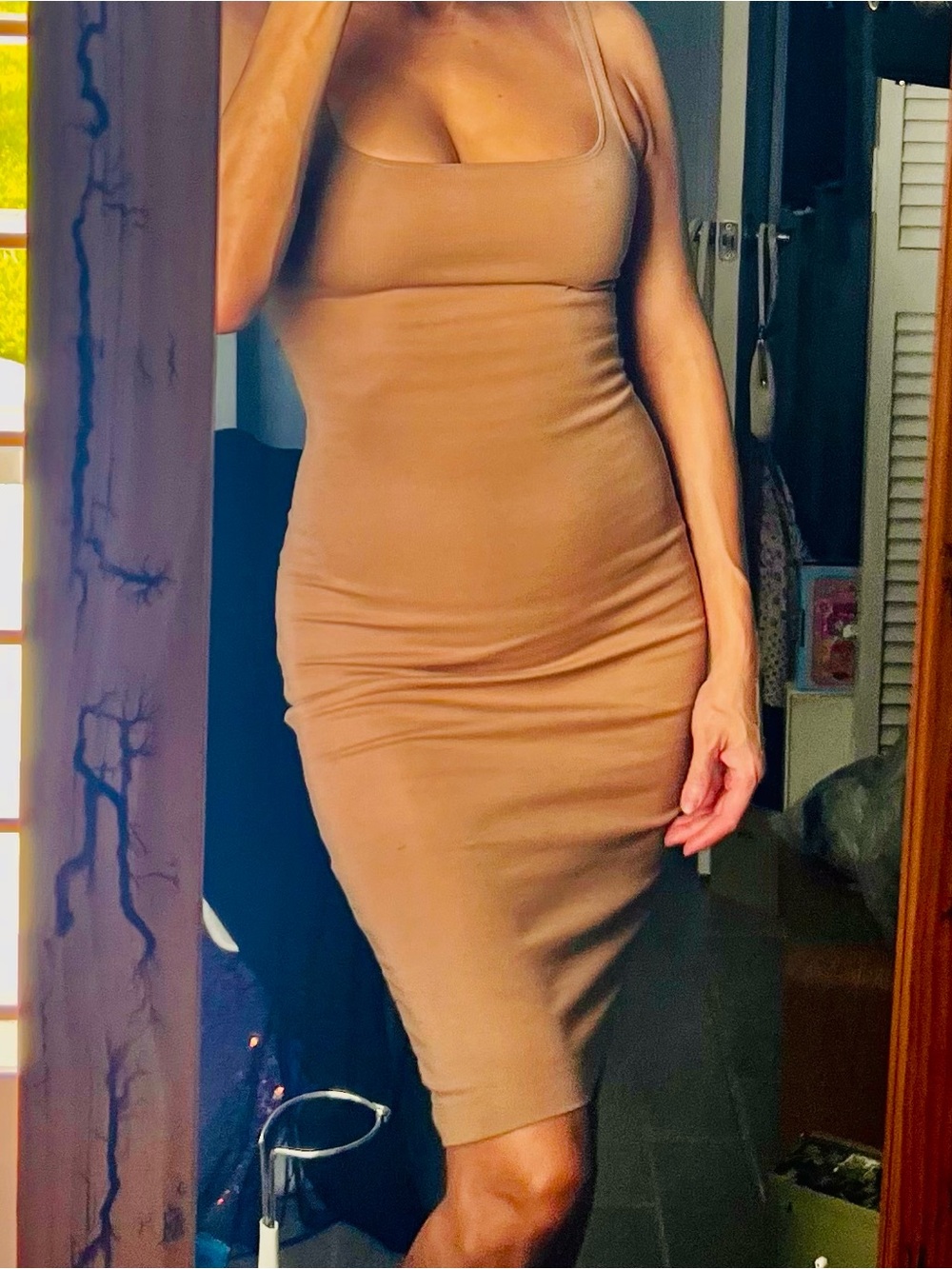 Zara Tan Square-Neck Bodycon Midi Dress